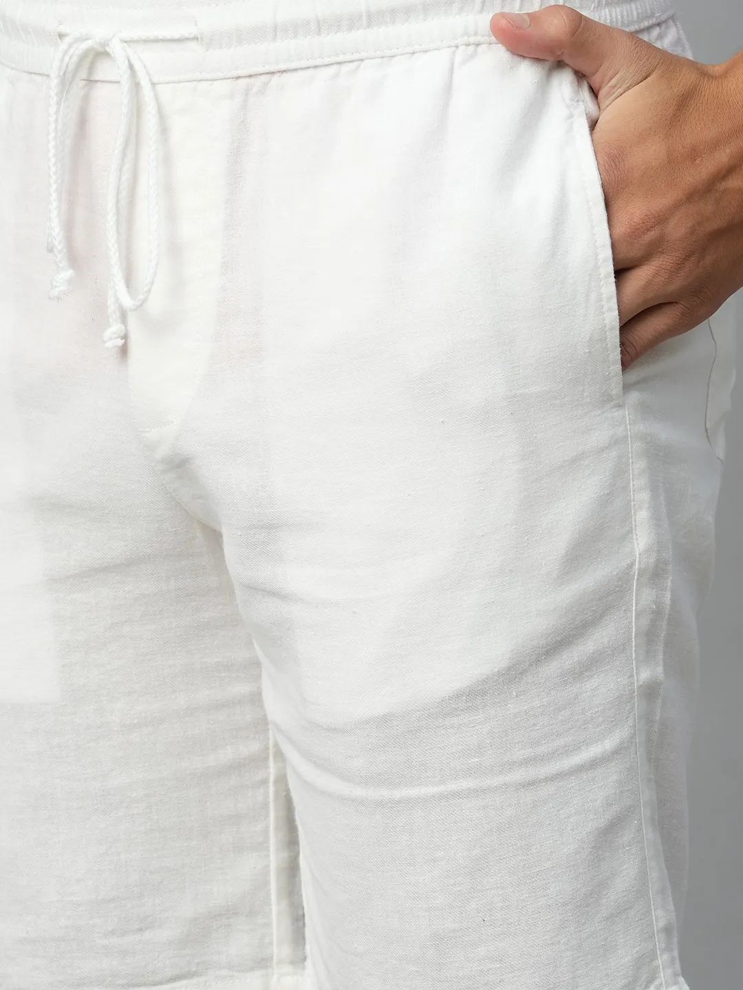 Men's White Linen Regular Fit Drawstring Shorts
